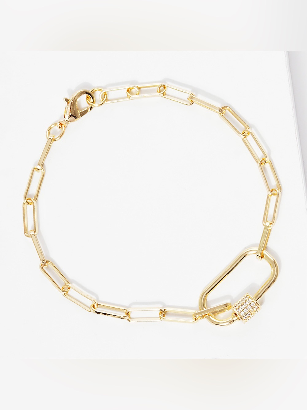 Gold Dipped CZ Stone Paved Carabiner Pointed Paperclip Chain Bracelet